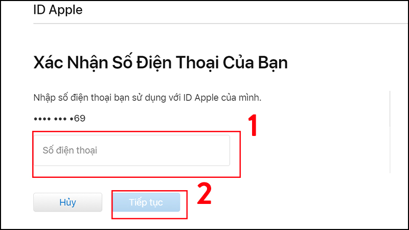 Xác nhận só điện thoại mà bạn sử dụng với ID Apple